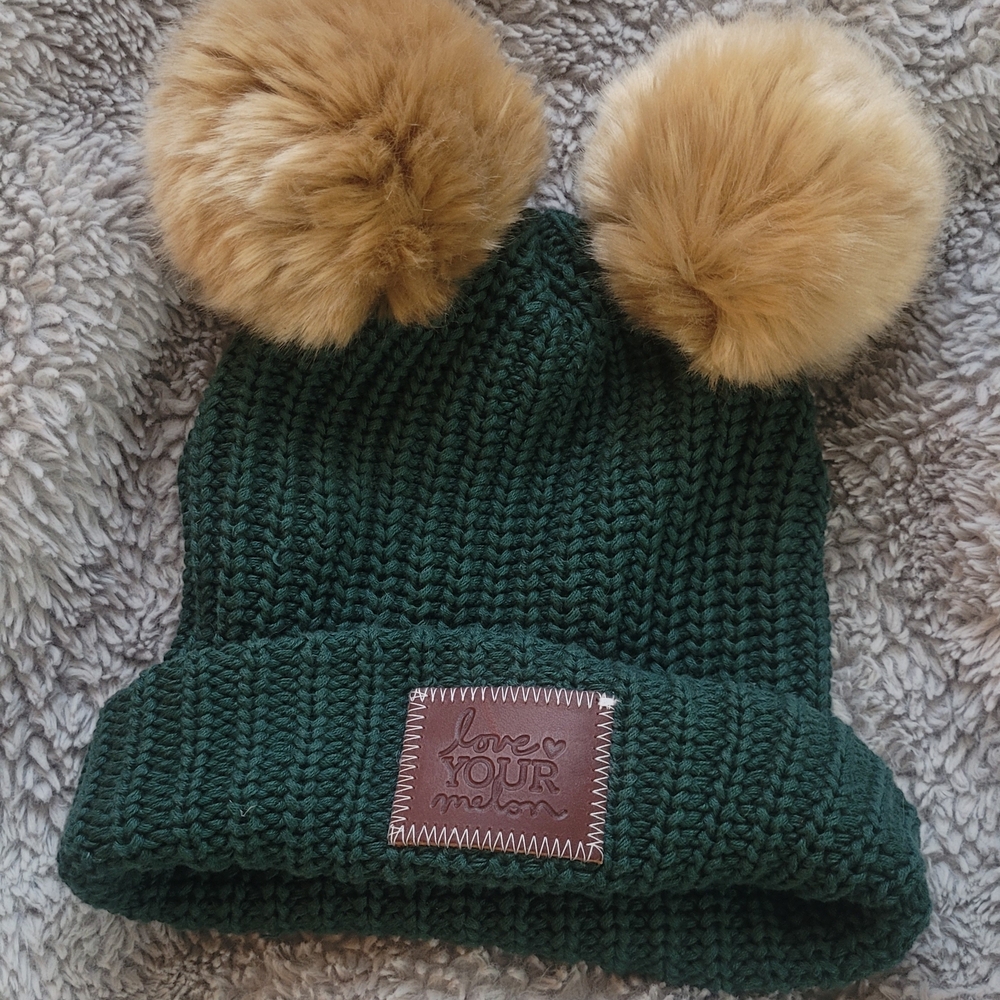 Love Your Melon Forest Knit Beanie with Tan Pom-Poms
